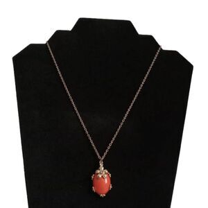 Gold Tone & Coral Oval Shaped Pendant with Rhinestone Encrusted Flowers Necklace